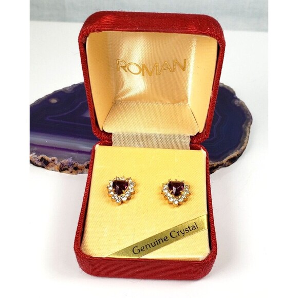Vintage 1990's by Roman Classic Collection Genuine Crystal Heart Stud Earrings - Picture 3 of 6